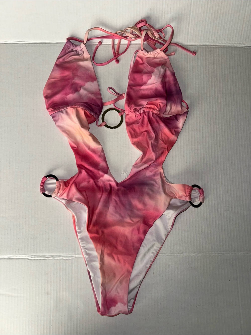 Women’s Pink Tie-Dye One-Piece Swimsuit with Ring Detail